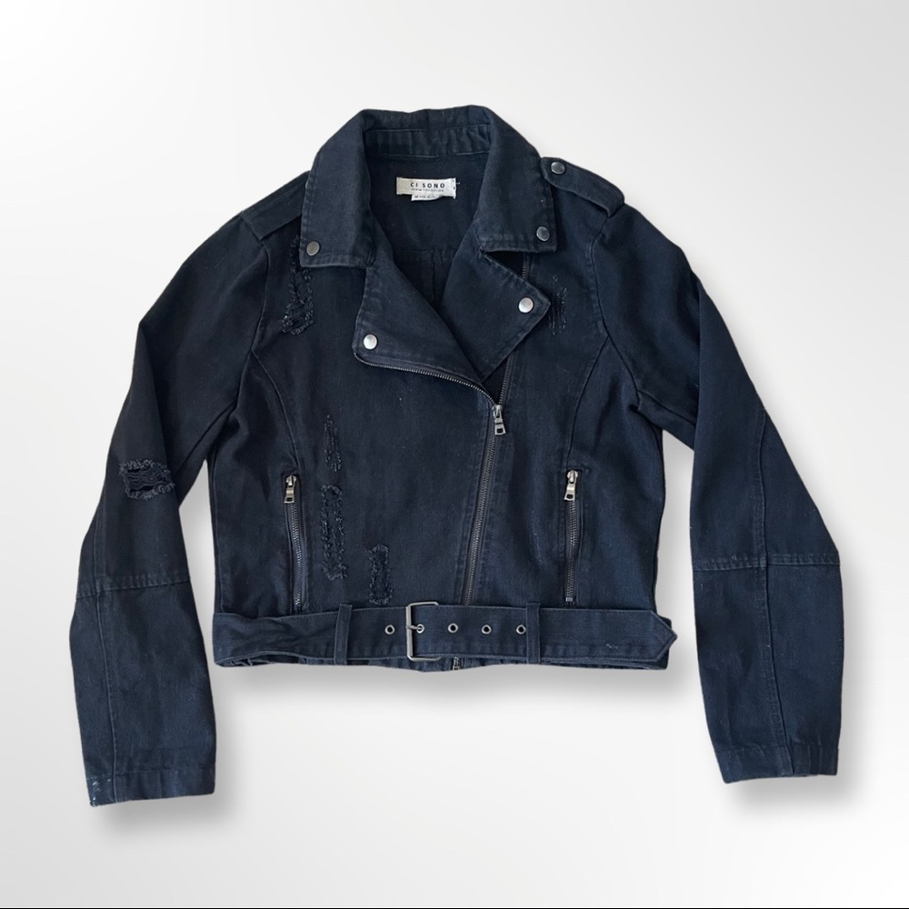 Ci Sono Medium Distressed Jean Jacket Black Denim Motorcycle Style